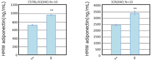 マウス雌雄別の高分子アディポネクチン測定例