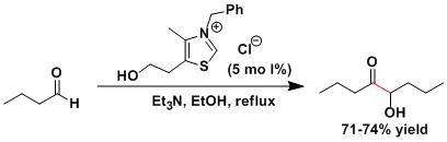 脂肪族アルデヒドを用いたベンゾイン縮合の例