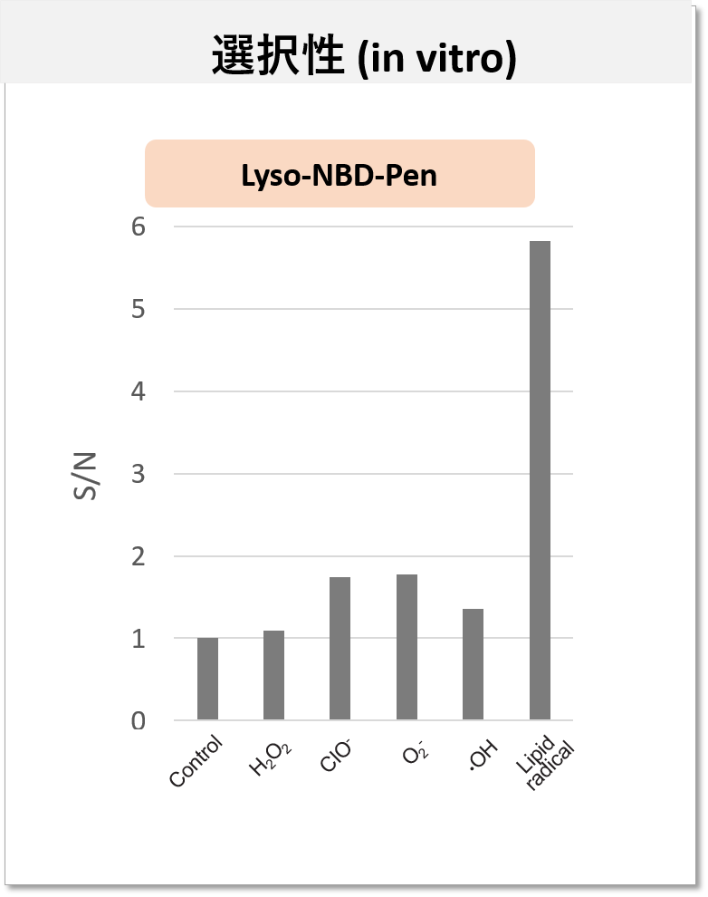 脂質ラジカルへの高い選択性 (Lyso-NBD-Pen) 