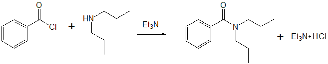 酸クロライドと2級アミンとの反応でトリエチルアミンが添加される反応式