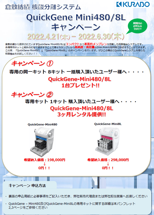 【倉敷紡績】核酸抽出装置QuickGene-Mini480/8L　キャンペーン