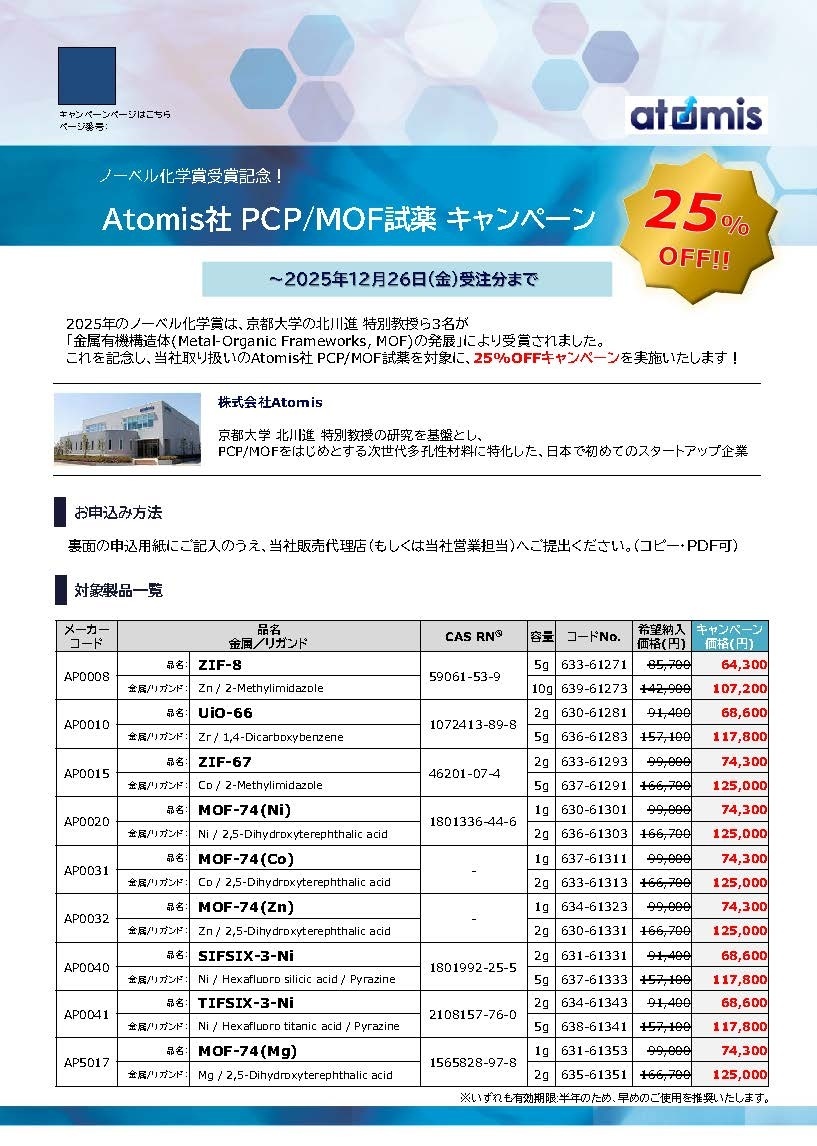 【ノーベル化学賞受賞記念】Atomis社 PCP/MOF試薬 25%OFFキャンペーン