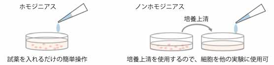 細胞存在下(ホモジニアスアッセイ)・細胞培養液のみ(ノンホモジニアスアッセイ)どちらでも測定可能