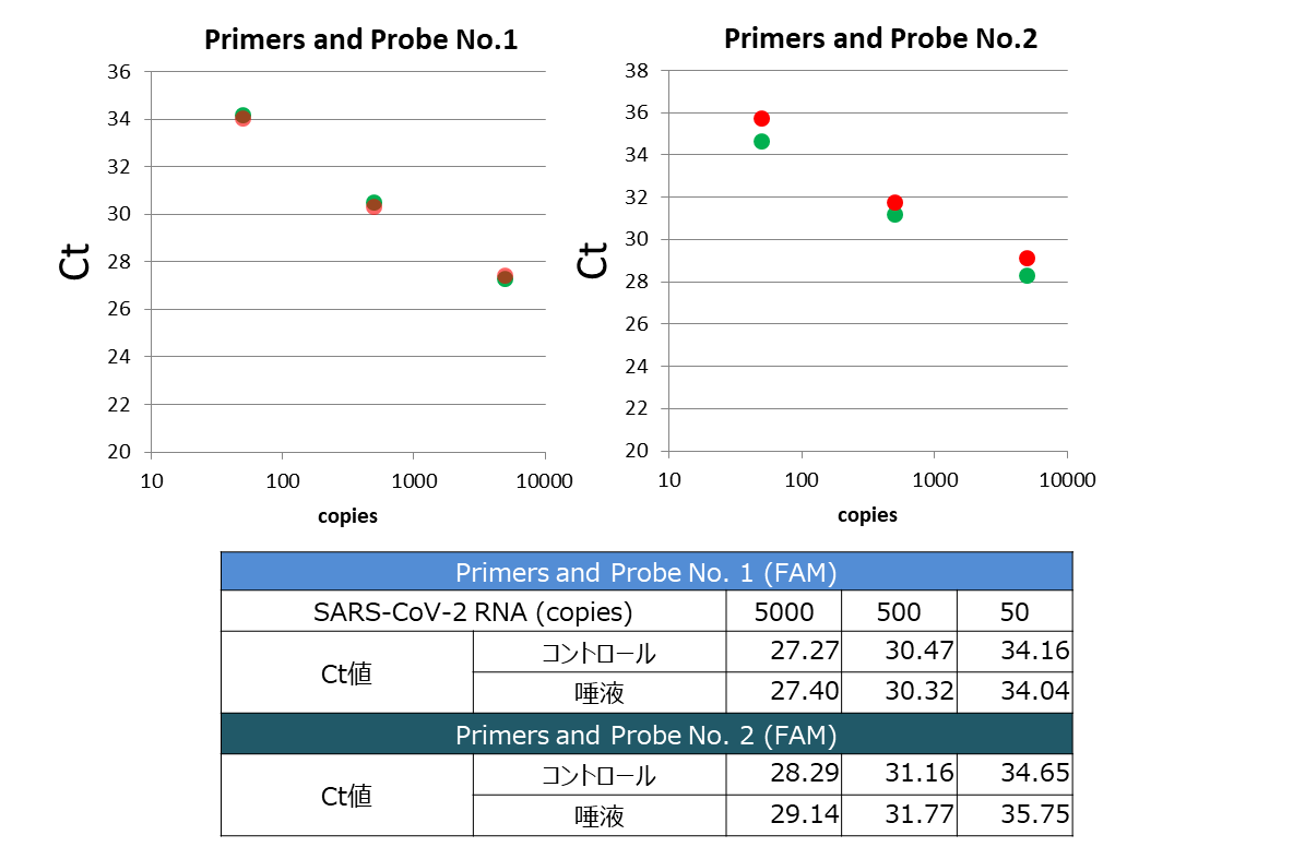 Primers and Probe No.2は、唾液検体からダイレクトRT-PCR条件において、Ct値が最大1.1の増加（50コピー）した。