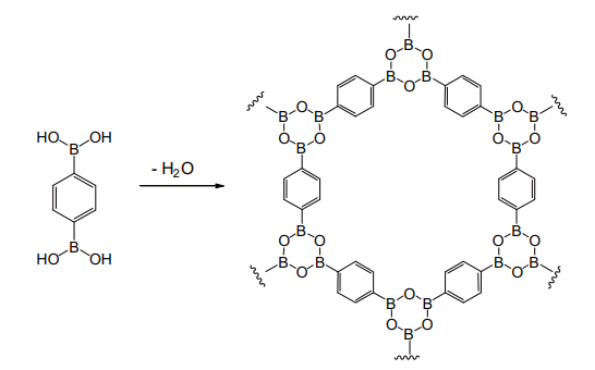 図 13 脱水三量化による COF の合成の例