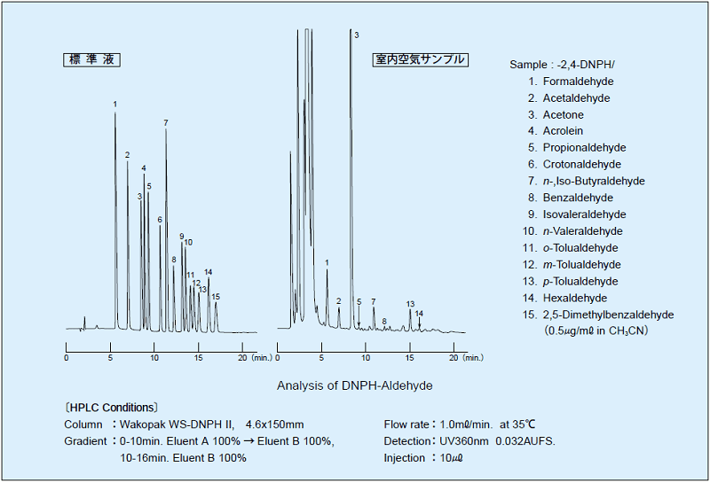 16 種アルデヒド-DNPH 混合標準液（和光純薬製）及び室内空気を DNPH 含浸シリカカートリッジカラムで誘導体化後アセトニトリルで溶出したサンプルのクロマトグラム