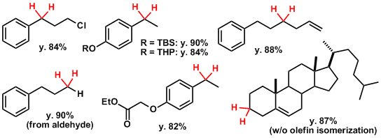 α,β-不飽和カルボニル化合物の場合には、オレフィンの共役還元が優先する