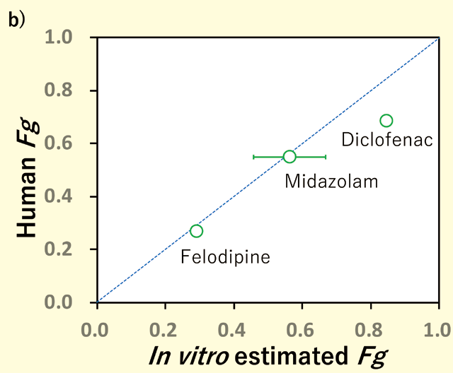 b)薬物のFg 値のIn vitro(式2 より計算)-In vivo(文献値)相関
